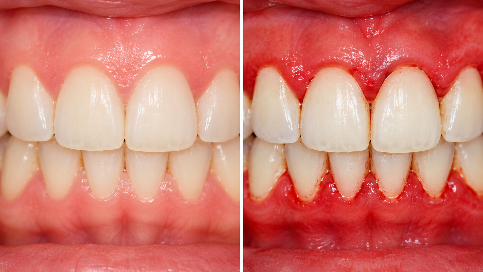 Close-up comparison of healthy pink gums beside red, swollen, bleeding gums around teeth.