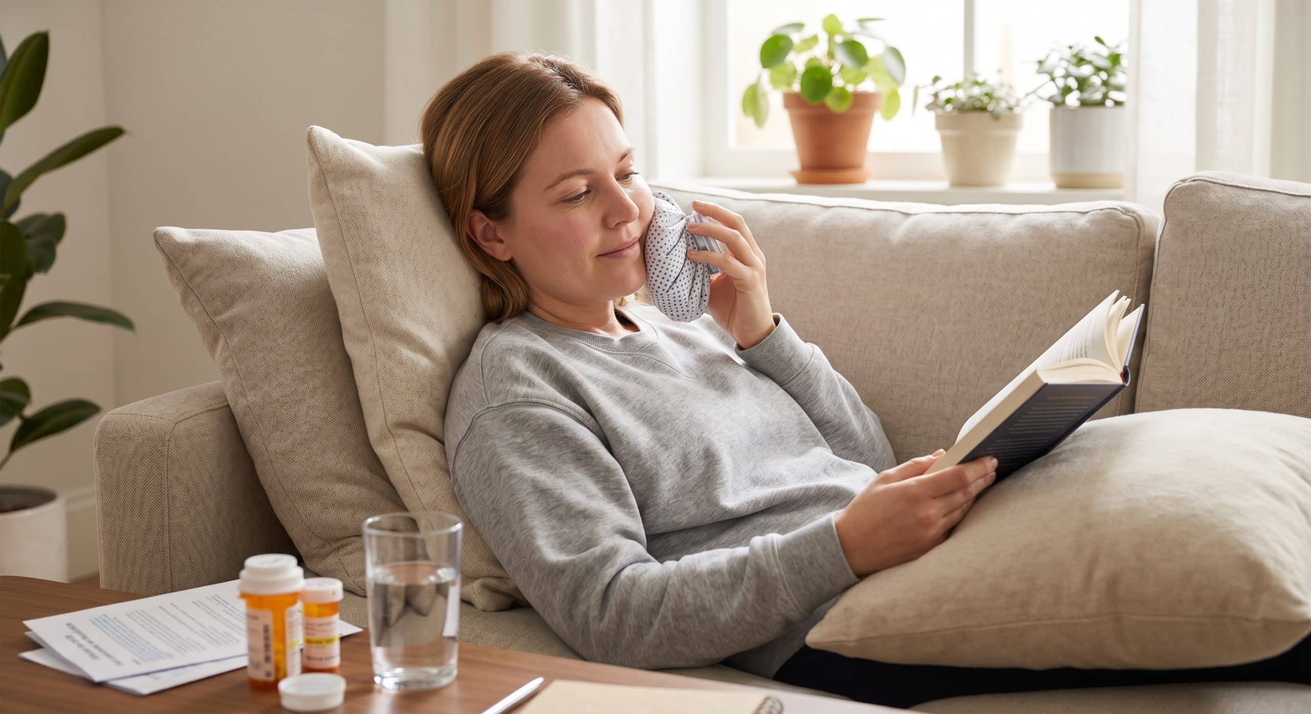 Patient recovering comfortably at home after dental implant surgery.