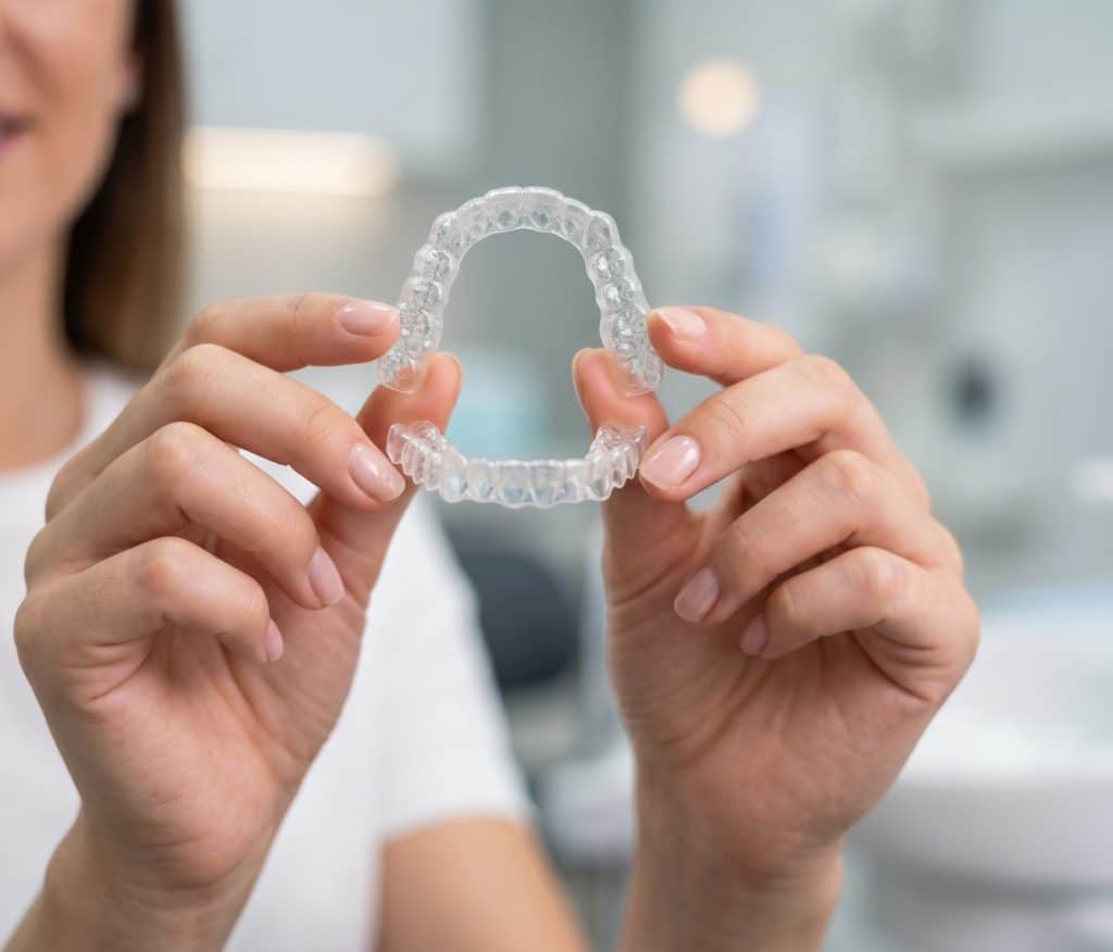 Patient holding a clear Invisalign aligner tray