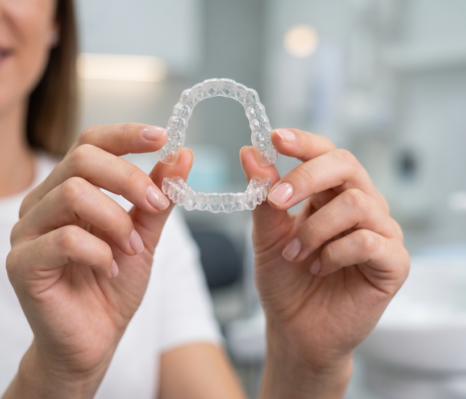 Patient holding a clear Invisalign aligner tray