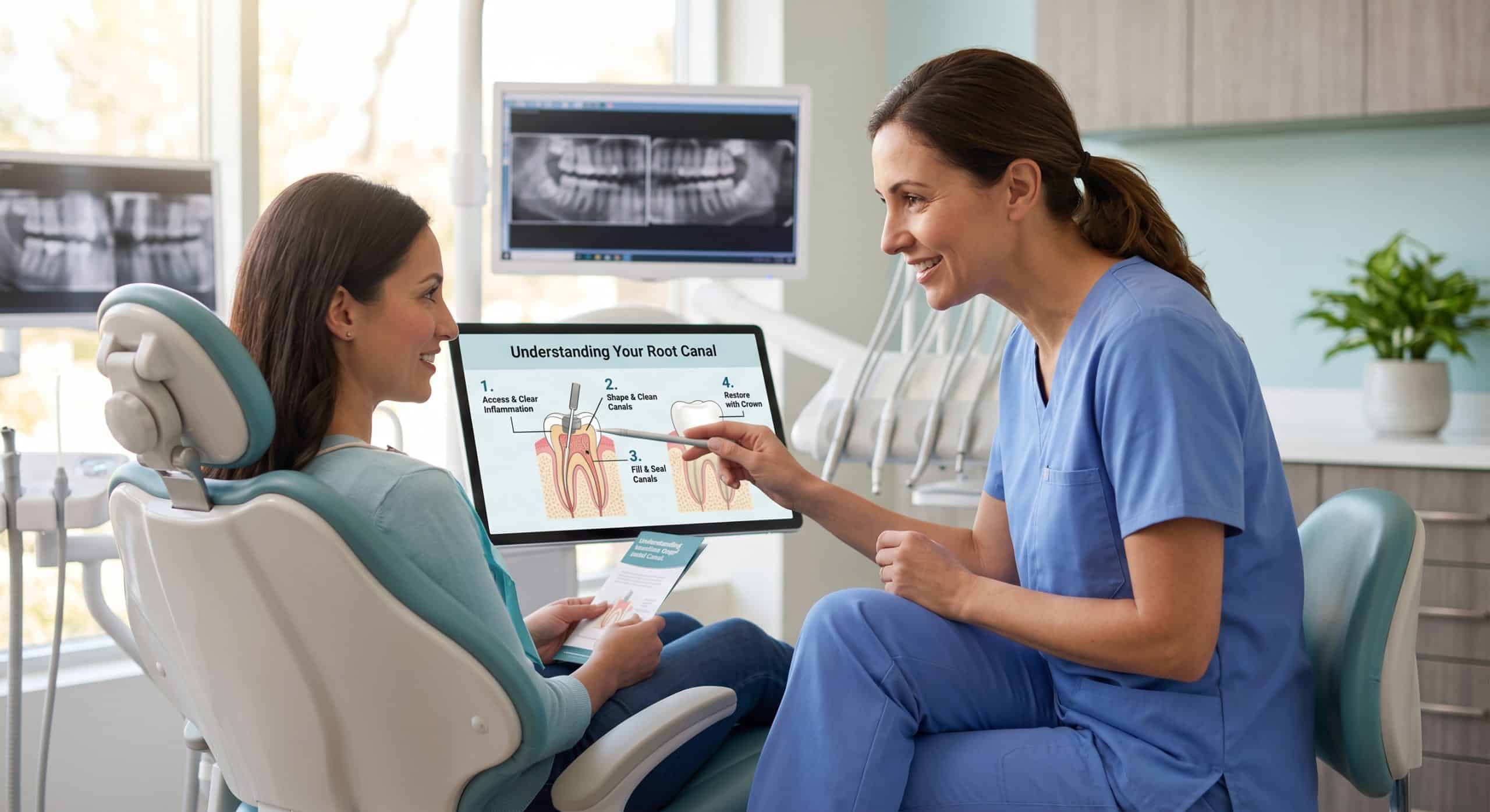 Dentist explaining root canal treatment steps to a patient with a clear diagram
