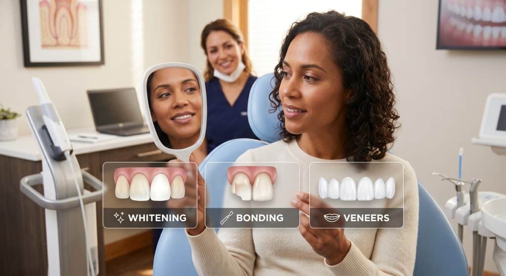 Patient comparing whitening, bonding, and veneers options for a brighter smile