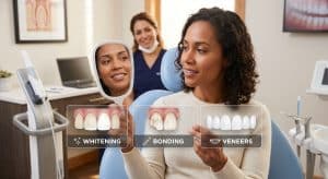 Patient comparing whitening, bonding, and veneers options for a brighter smile