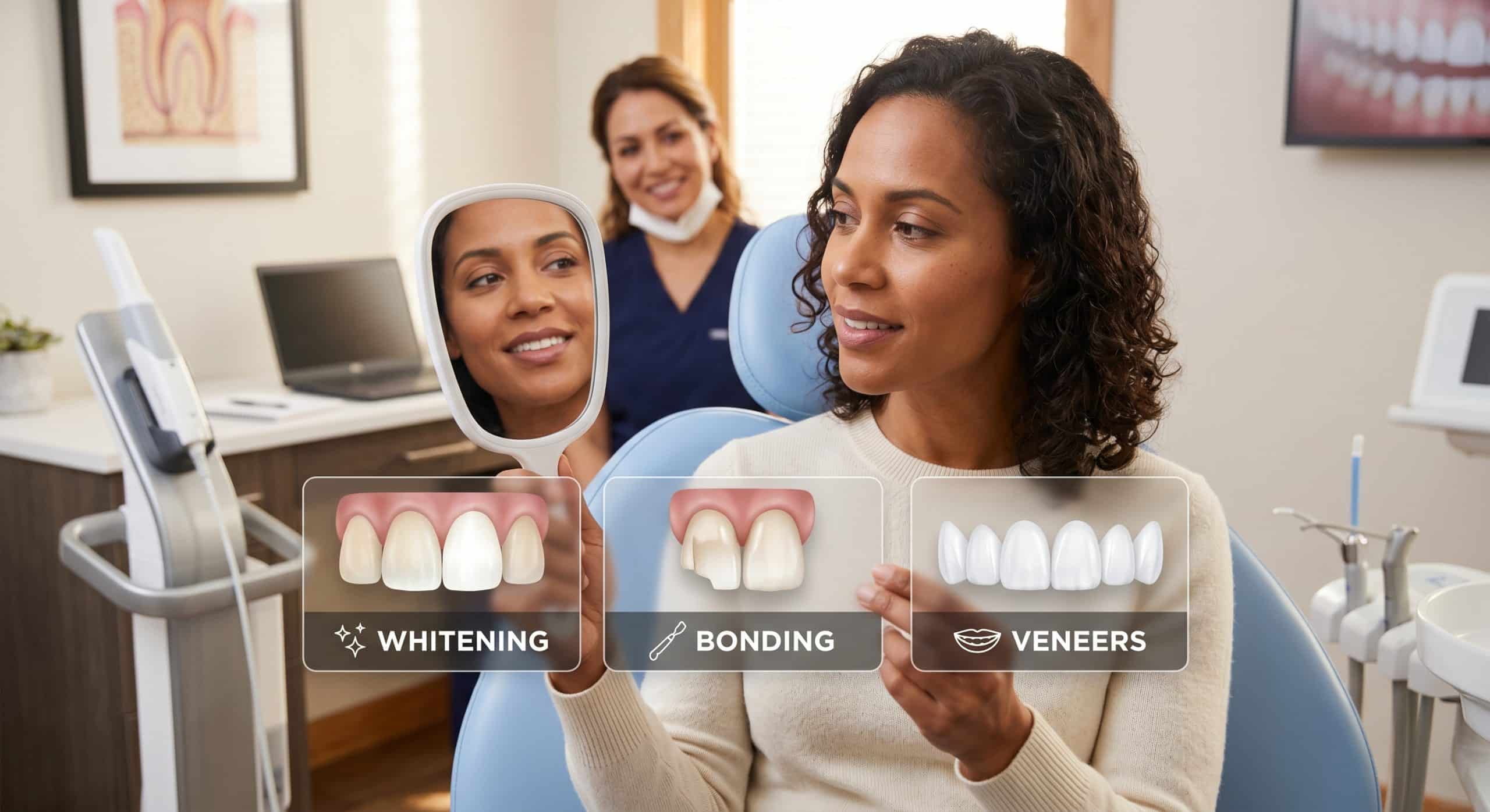 Patient comparing whitening, bonding, and veneers options for a brighter smile