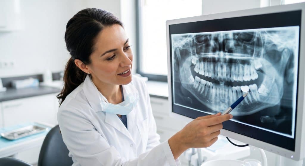 Dentist reviewing a panoramic X-ray to assess wisdom teeth removal needs