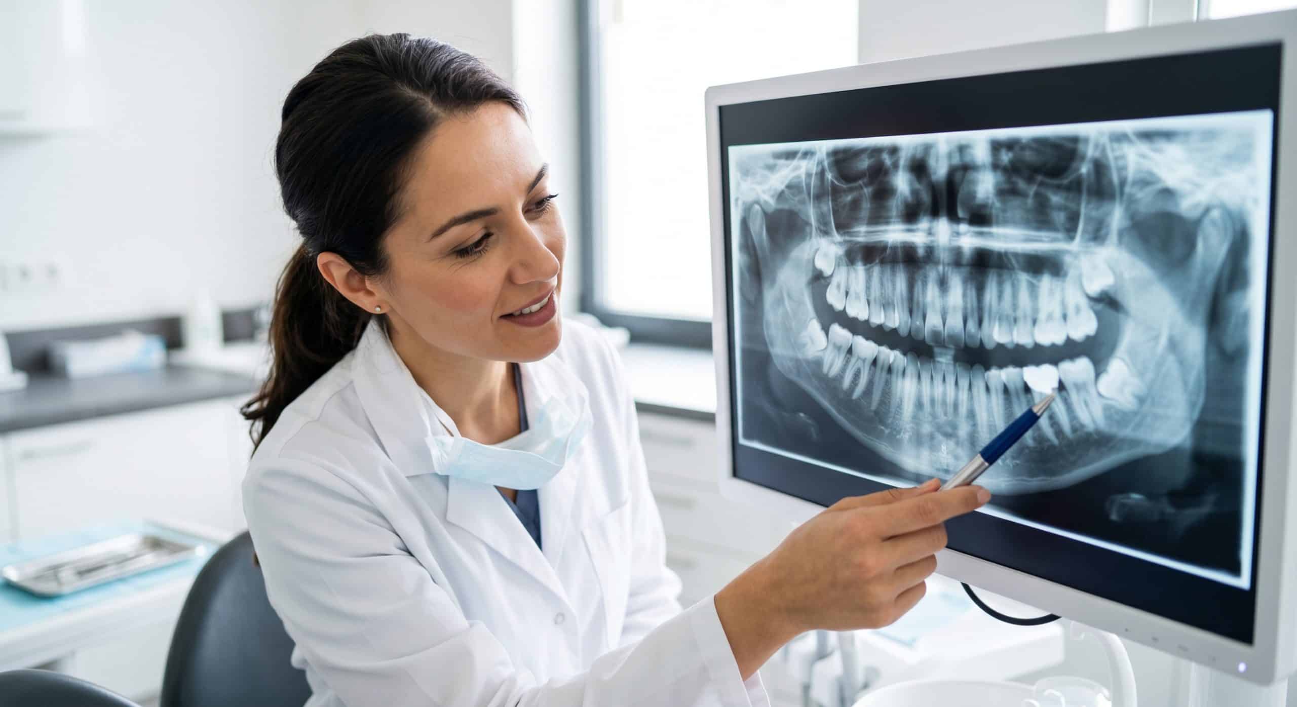 Dentist reviewing a panoramic X-ray to assess wisdom teeth removal needs