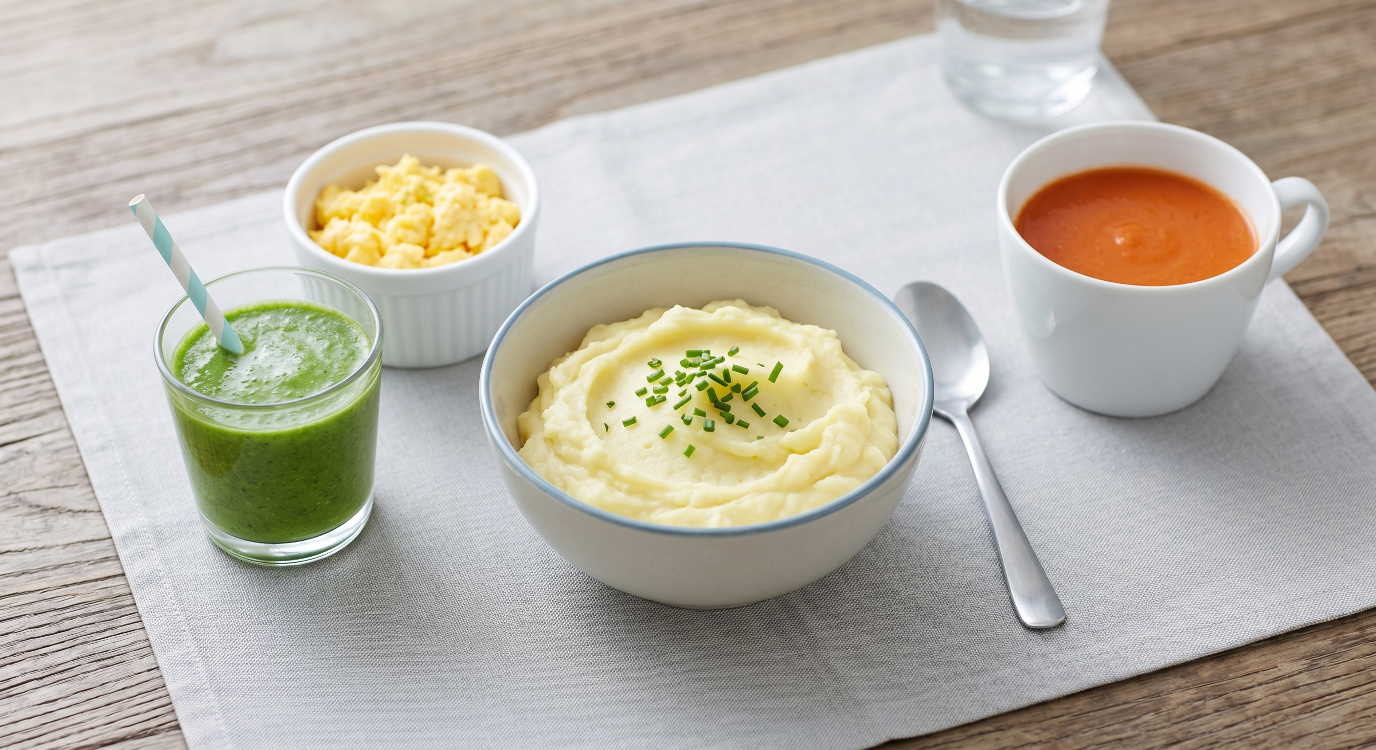 Soft foods for dental implant recovery: mashed potatoes, smoothie, scrambled eggs, and soup