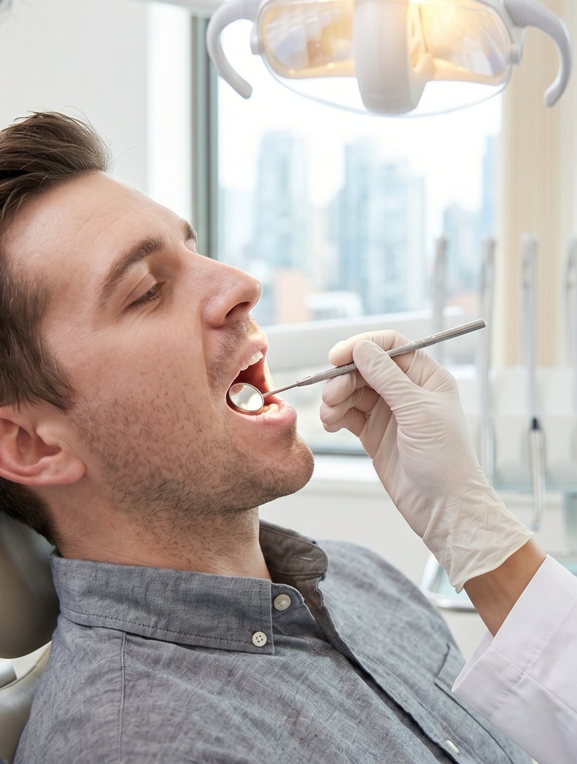 Vancouver dentist examining a patient's mouth with a dental mirror to find the source of recurring tooth pain