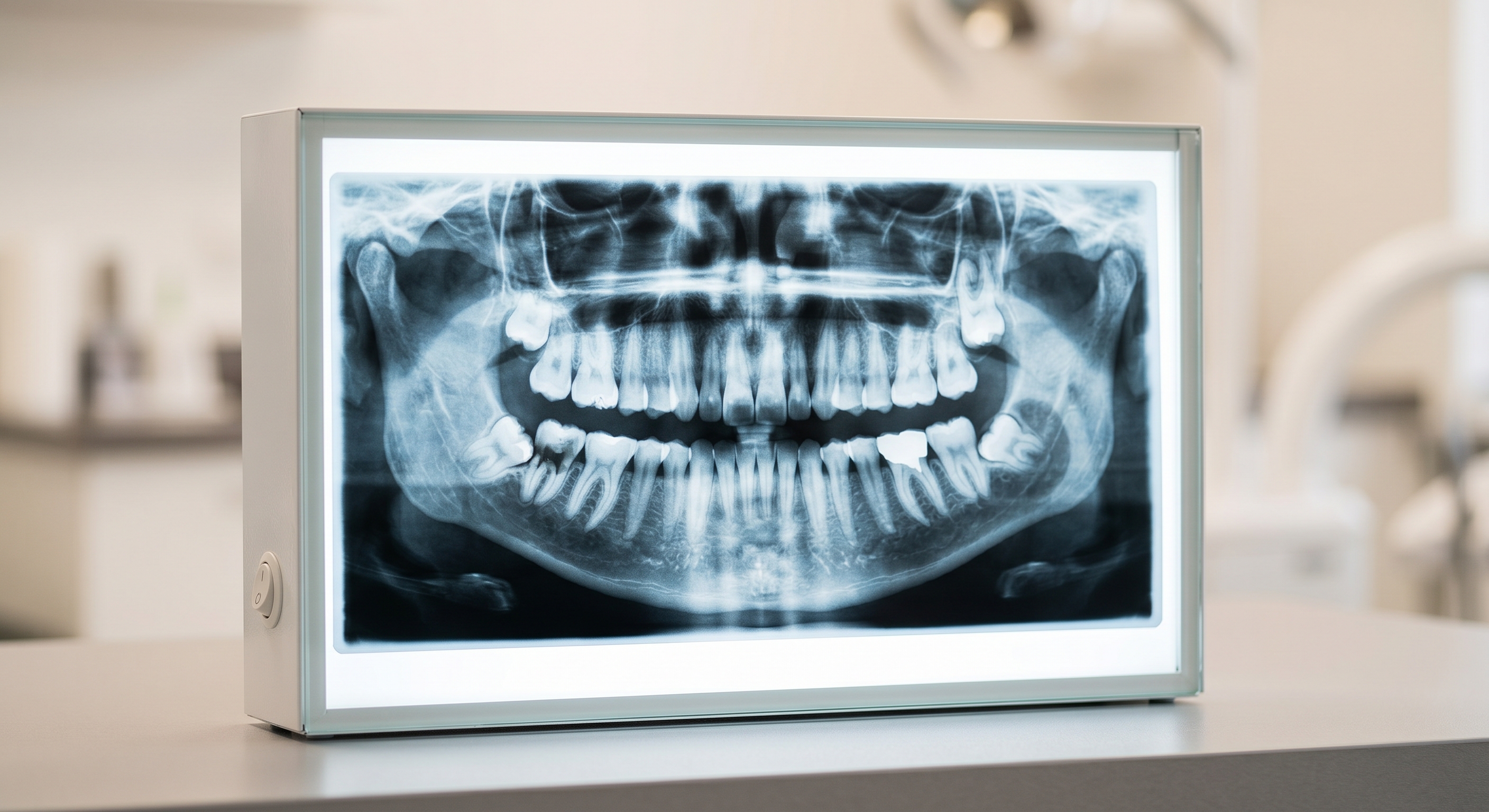 Panoramic dental X-ray clearly showing all teeth including wisdom teeth at the back of the jaw