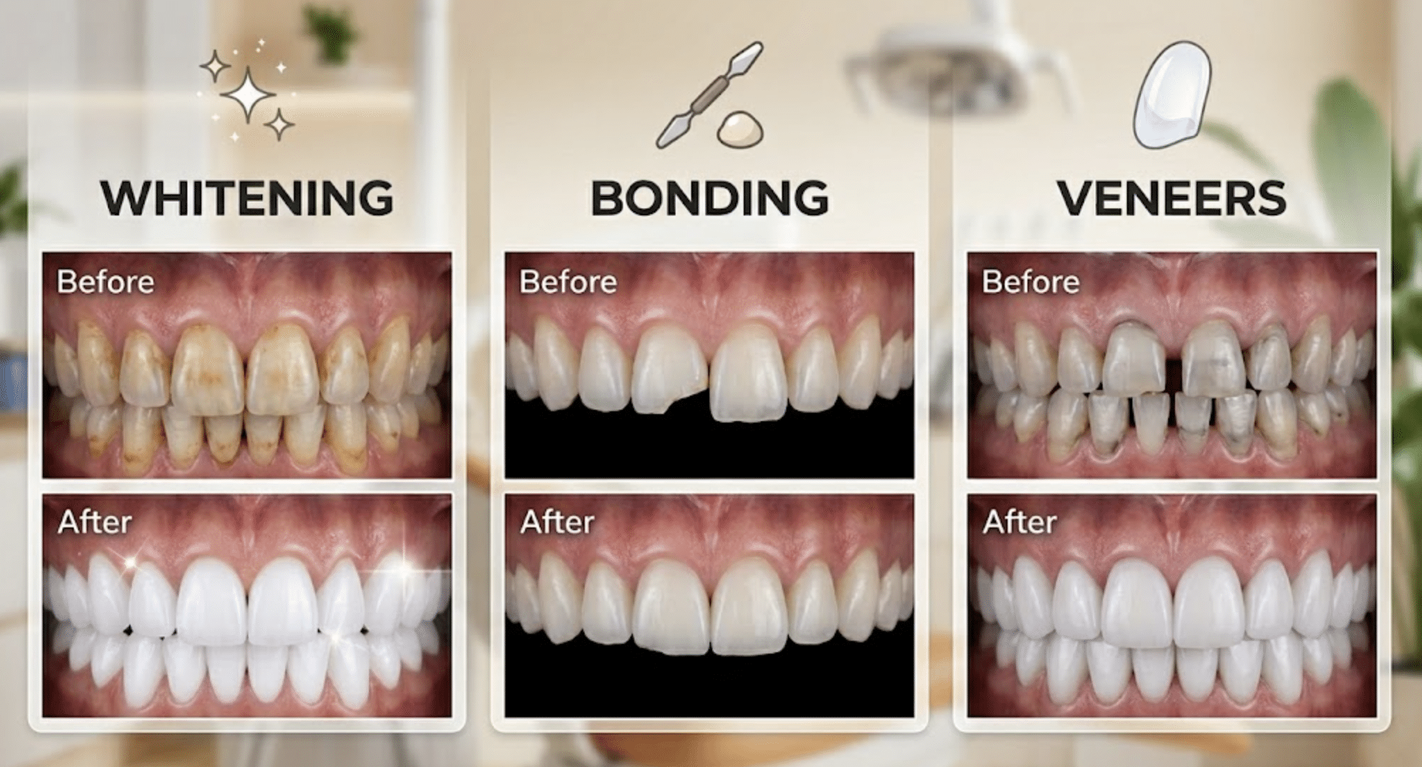 Before and after comparison of teeth whitening, bonding, and veneers showing real cosmetic dentistry results