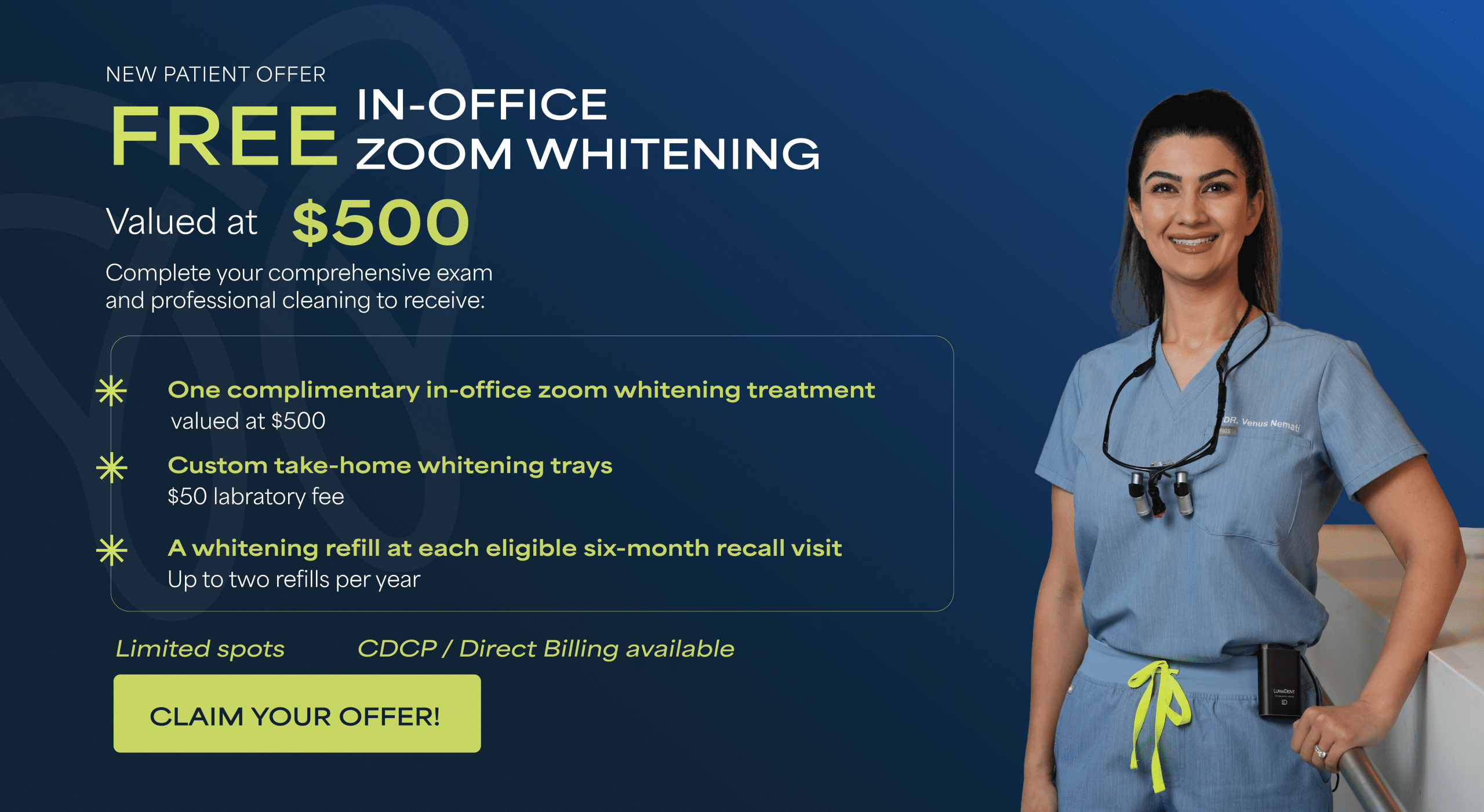 new patient offer - free in-office zoom whitening at vancouver stadium community dentist